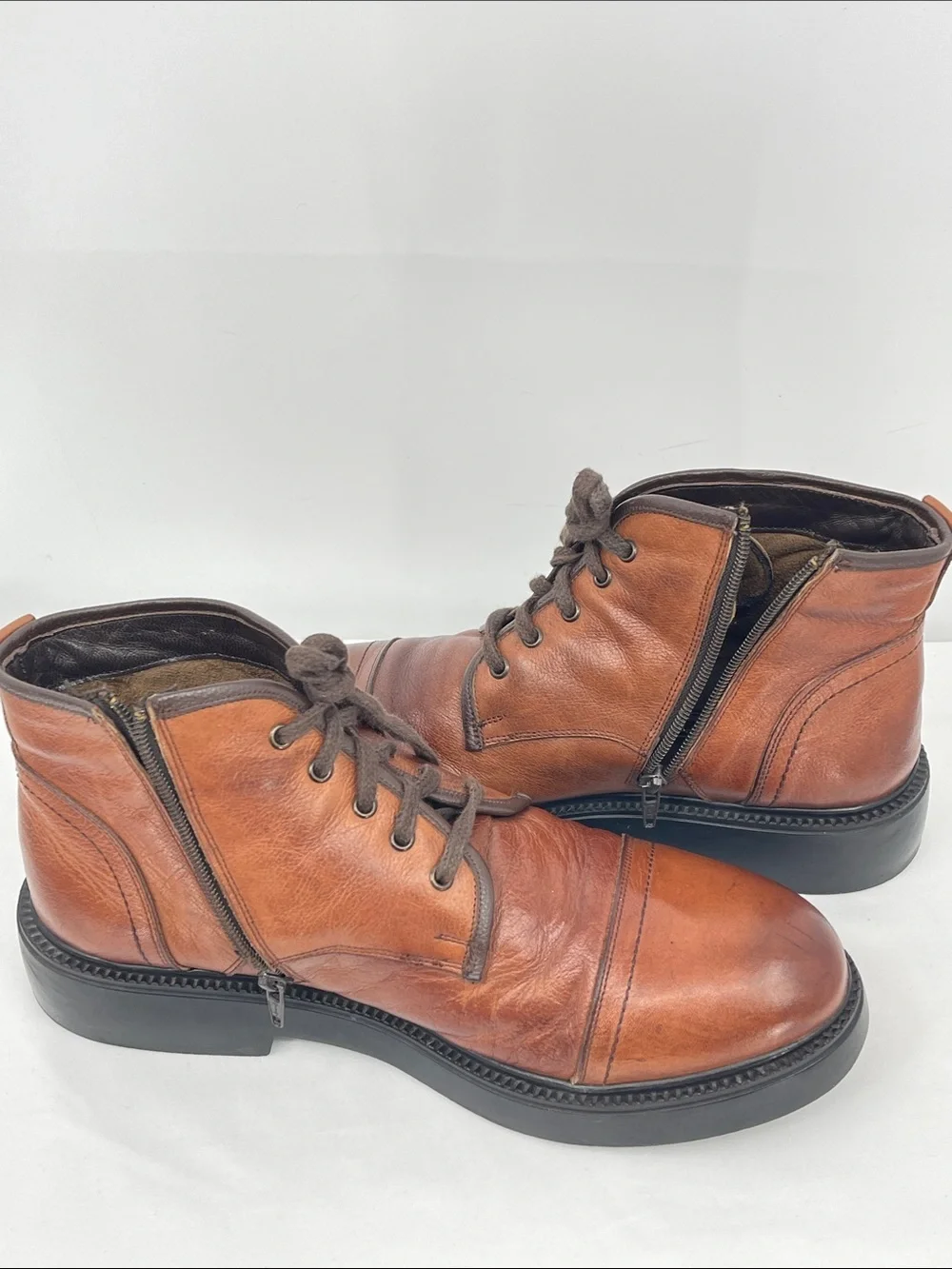 POP’S LEATHER Men's Leather Lace-Up Ankle Boots in Brown SIZE 44 SIDE ZIP